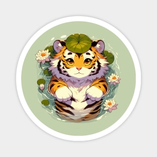 Kawaii Anime Tiger Bath With Water Lily Magnet